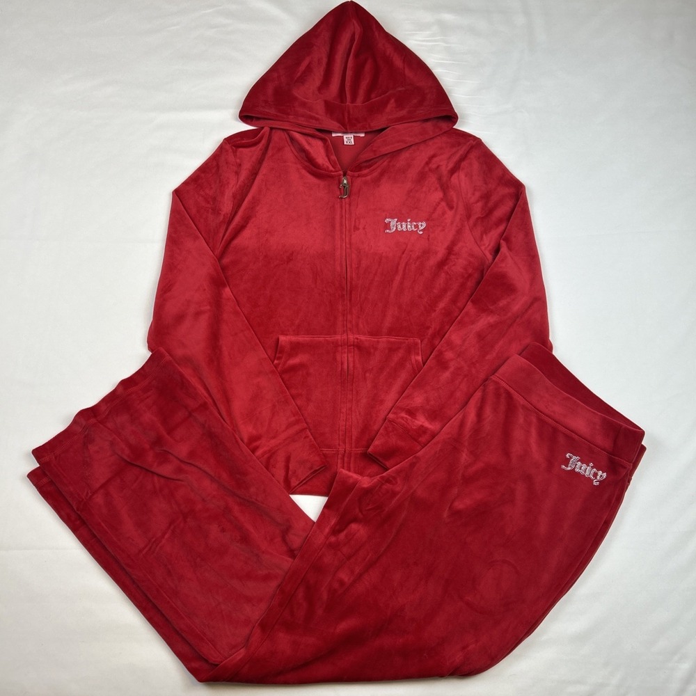 Juicy Couture Hoodie Sweatpants Set Womens XXL Red Velour Y2K Track Suit Bling